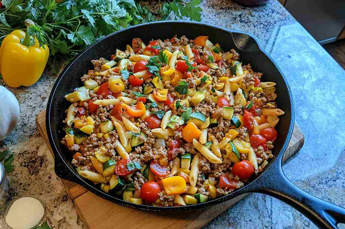 One-pot ground turkey pasta with colorful vegetables including zucchini, cherry tomatoes, and bell peppers, served in a black cast iron skillet.