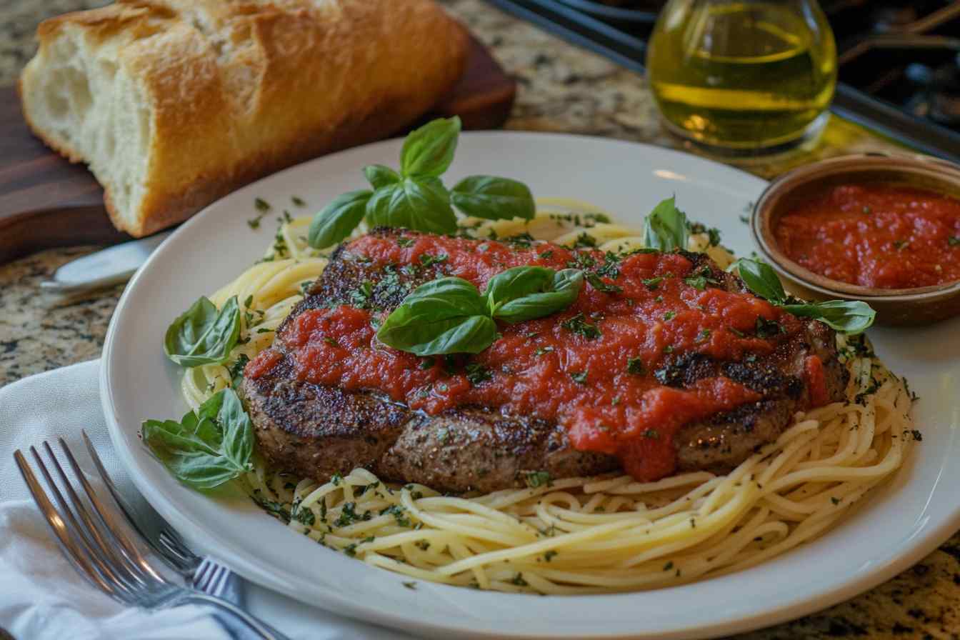 Grilled steak served on a bed of spaghetti with a rich tomato sauce, garnished with fresh basil leaves, parsley, and a side of bread.