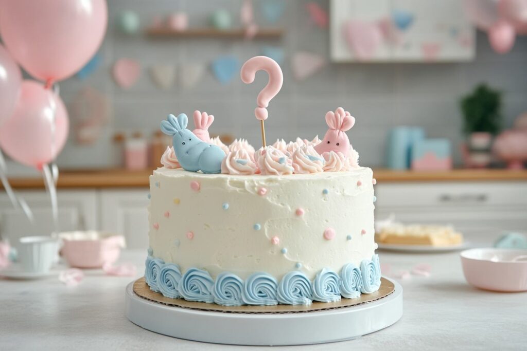 A beautifully decorated gender reveal cake with white frosting, blue and pink accents, a question mark topper, and adorable bunny toppers, surrounded by pastel balloons and festive decorations.