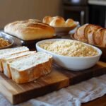 A variety of bread loaves and breadcrumbs on a wooden cutting board, featuring sliced white bread, whole wheat bread, and bowls of fresh and dried breadcrumbs.