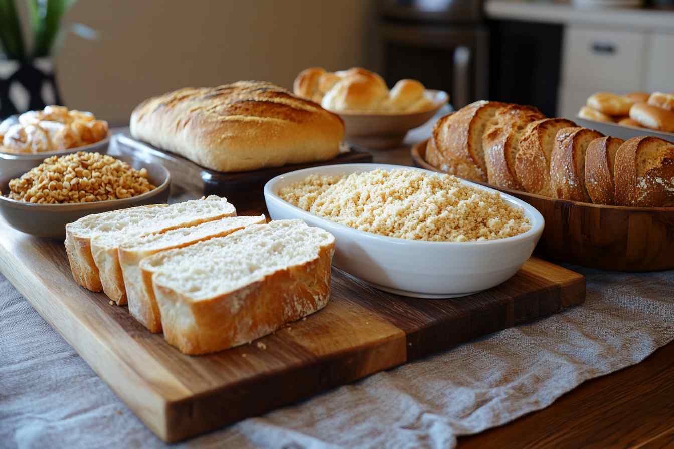 A variety of bread loaves and breadcrumbs on a wooden cutting board, featuring sliced white bread, whole wheat bread, and bowls of fresh and dried breadcrumbs.