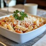 Delicious pasta house salad served in a white bowl, garnished with fresh parsley and shredded Parmesan cheese, on a neatly set table.