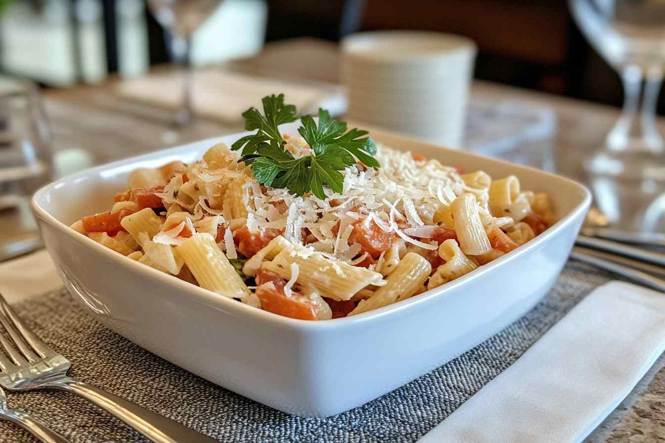 Delicious pasta house salad served in a white bowl, garnished with fresh parsley and shredded Parmesan cheese, on a neatly set table.