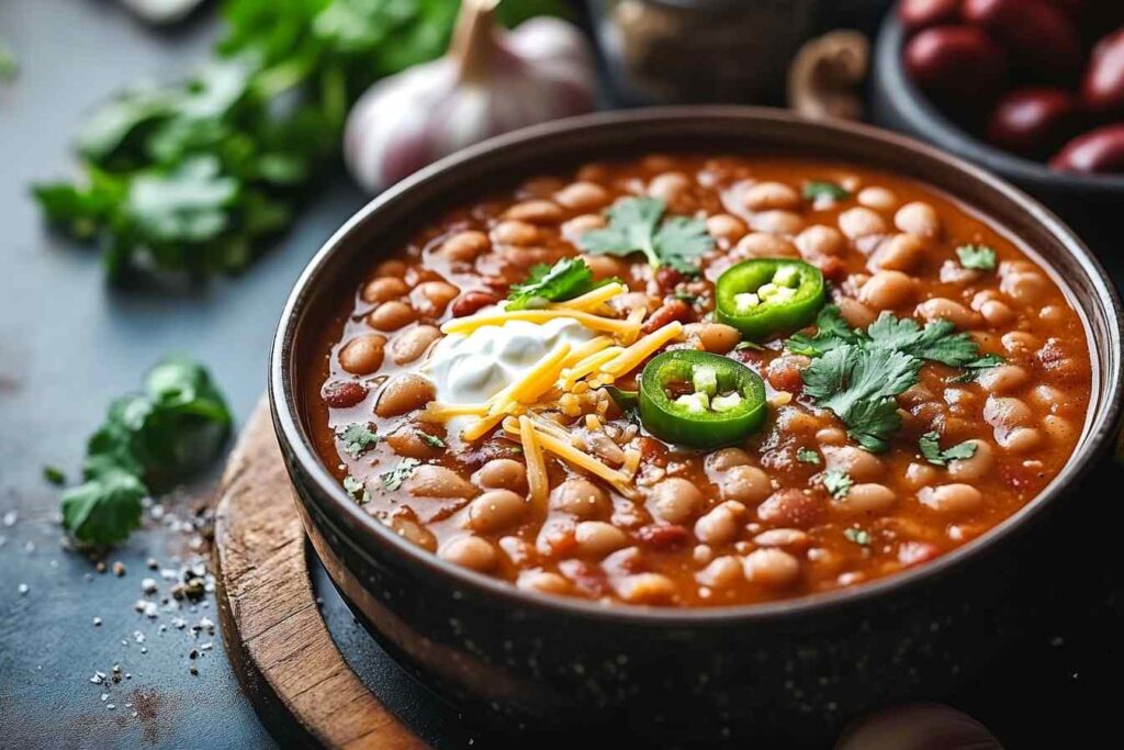 A warm, hearty bowl of chili beans made with pinto beans, topped with sour cream, shredded cheese, fresh cilantro, and sliced jalapeños, set against a rustic wooden table with fresh garlic and cilantro in the background.