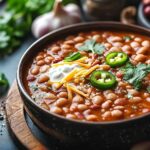 A warm, hearty bowl of chili beans made with pinto beans, topped with sour cream, shredded cheese, fresh cilantro, and sliced jalapeños, set against a rustic wooden table with fresh garlic and cilantro in the background.