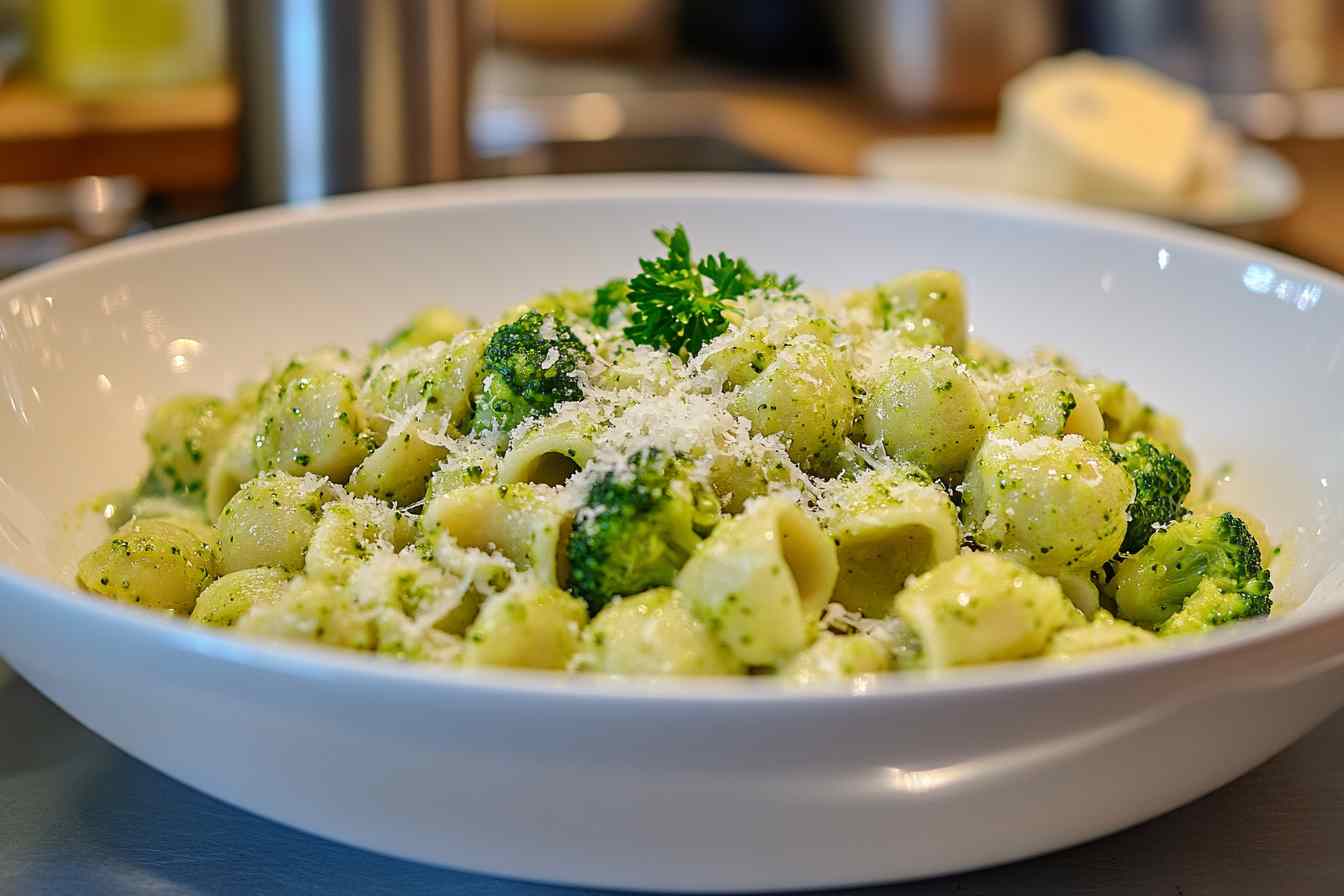 A delicious plate of broccoli pasta served in a white bowl, garnished with freshly grated parmesan cheese and parsley for a vibrant, healthy meal.