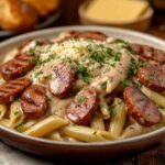 Kielbasa and pasta recipe featuring grilled kielbasa slices on creamy penne pasta, garnished with fresh parsley and Parmesan cheese.