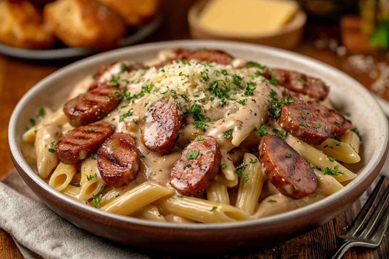 Kielbasa and pasta recipe featuring grilled kielbasa slices on creamy penne pasta, garnished with fresh parsley and Parmesan cheese.