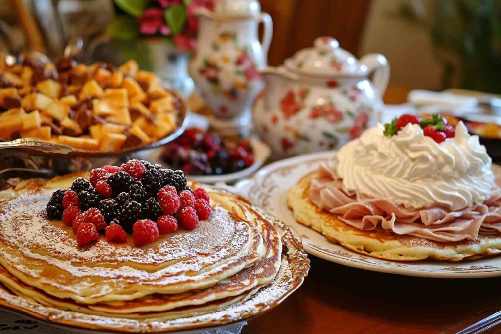 A platter of golden Belgian pancakes topped with powdered sugar, fresh raspberries, and blackberries alongside another plate with savory pancakes topped with whipped cream and sliced ham, surrounded by traditional European teapots and dishes on a beautifully set table.