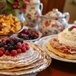 A platter of golden Belgian pancakes topped with powdered sugar, fresh raspberries, and blackberries alongside another plate with savory pancakes topped with whipped cream and sliced ham, surrounded by traditional European teapots and dishes on a beautifully set table.