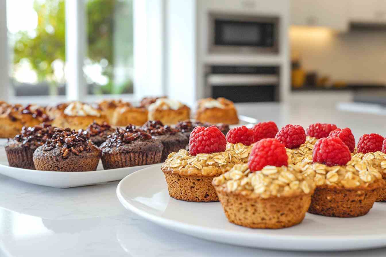 Plates of breakfast pastries including chocolate muffins and oatmeal muffins topped with fresh raspberries, displayed on a bright kitchen counter.