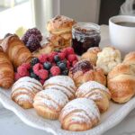 An elegant platter filled with an assortment of morning pastries, including croissants, Danishes, scones, and powdered mini-pastries, garnished with fresh berries and served alongside a steaming cup of coffee and a jar of jam on a marble countertop.