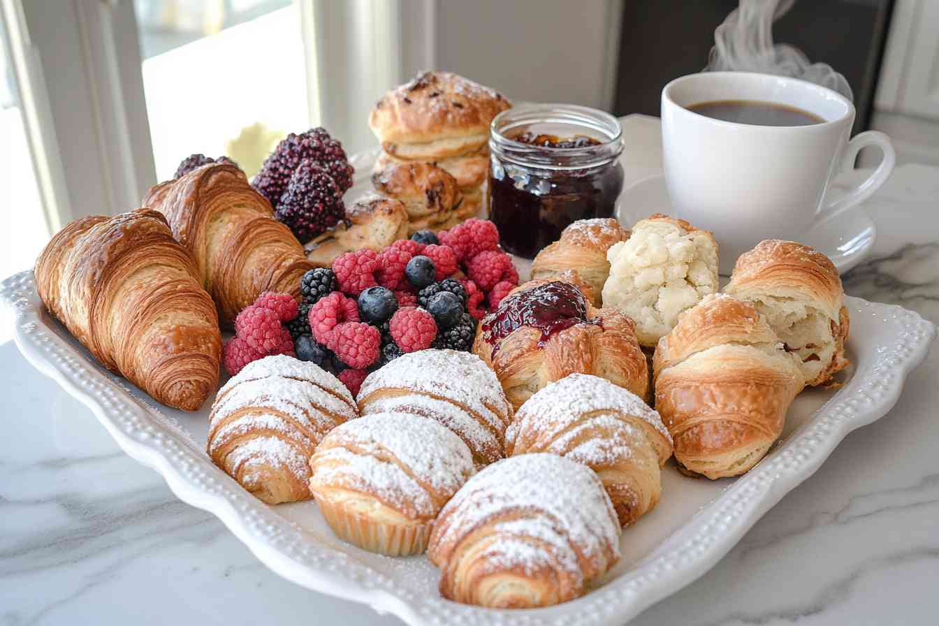 An elegant platter filled with an assortment of morning pastries, including croissants, Danishes, scones, and powdered mini-pastries, garnished with fresh berries and served alongside a steaming cup of coffee and a jar of jam on a marble countertop.