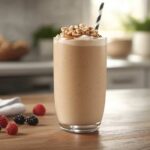 A creamy peanut butter smoothie without banana in a tall glass, garnished with crushed peanuts and a striped straw, with fresh berries on a wooden table.