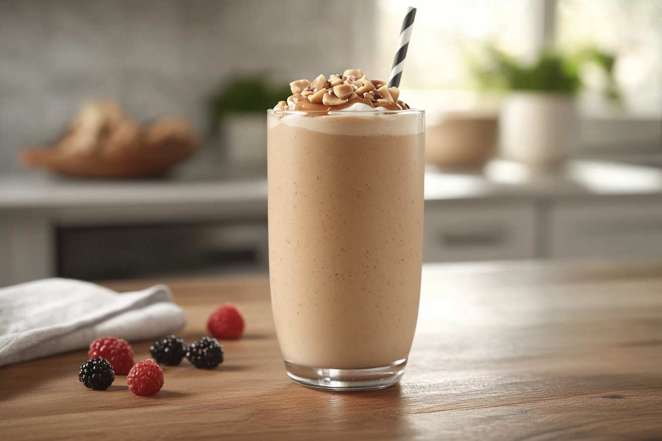 A creamy peanut butter smoothie without banana in a tall glass, garnished with crushed peanuts and a striped straw, with fresh berries on a wooden table.