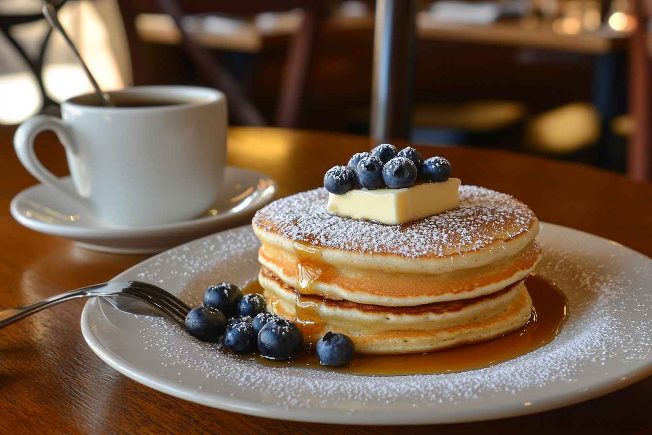 A stack of fluffy hotcakes made using a homemade hotcake mix recipe, topped with butter, fresh blueberries, and drizzled with syrup on a white plate.