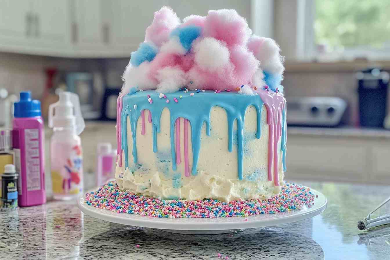 A beautifully decorated cotton candy cake with pastel blue and pink drips, topped with fluffy pink and blue cotton candy, and surrounded by colorful sprinkles on a white cake stand.