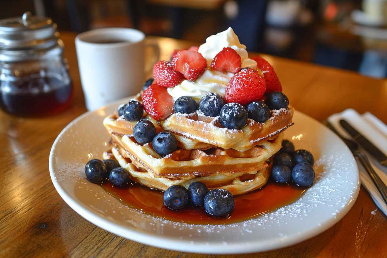 Classic waffle recipe ,Golden, crispy waffles stacked on a white plate, topped with fresh strawberries, blueberries, whipped cream, and maple syrup, set on a rustic wooden table with a coffee cup and syrup jar in the background.