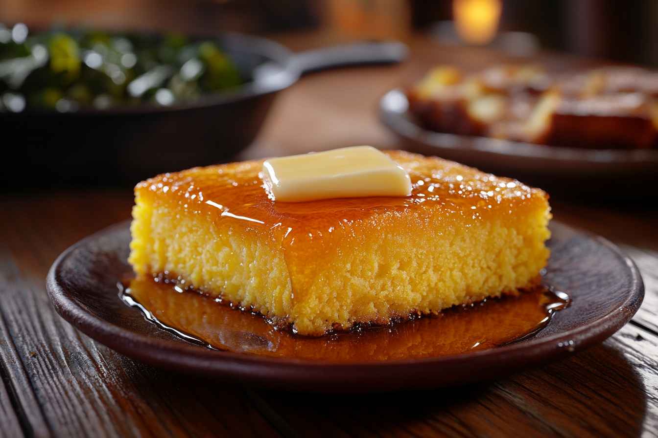 A slice of golden Southern cornbread with melted butter and honey, served on a rustic wooden plate with collard greens in the background.