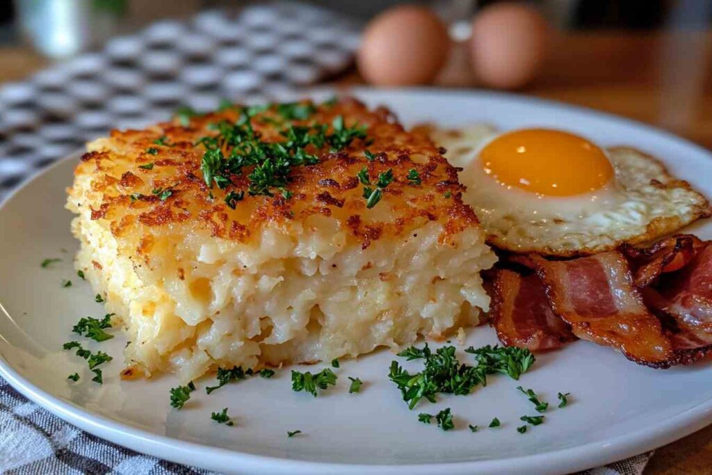 Golden, crispy cheesy hash browns served on a plate, garnished with parsley, accompanied by a sunny-side-up egg and slices of crispy bacon.