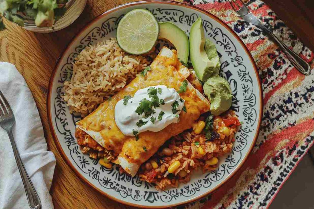 A beautifully plated serving of cheesy chicken enchiladas garnished with sour cream and cilantro, served alongside Mexican rice, avocado slices, guacamole, and a lime wedge, on a colorful tablecloth.