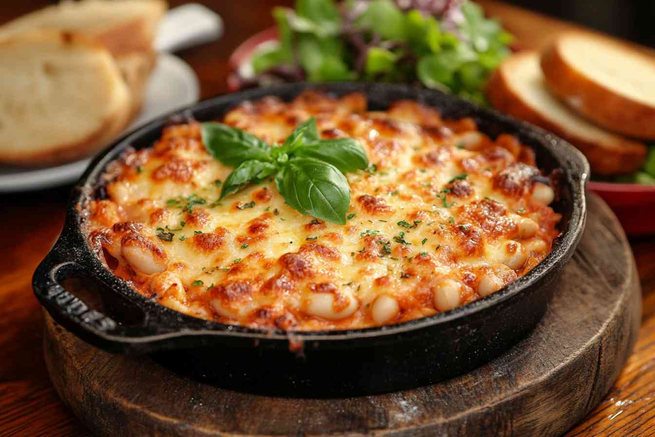 A freshly baked cheesy white bean tomato bake in a cast iron skillet, with golden melted cheese and a fresh basil garnish, served with bread and salad.