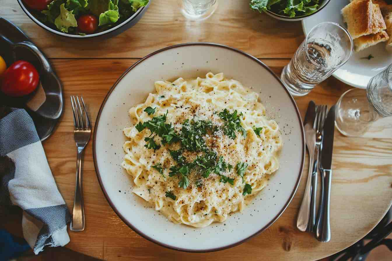 Delicious plate of gluten free egg noodles topped with creamy Alfredo sauce, fresh parsley, and grated Parmesan cheese on a wooden dining table.