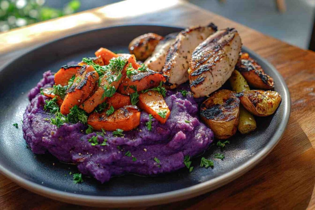 Mashed purple sweet potato served with roasted carrots, grilled chicken, and golden potatoes on a black plate.