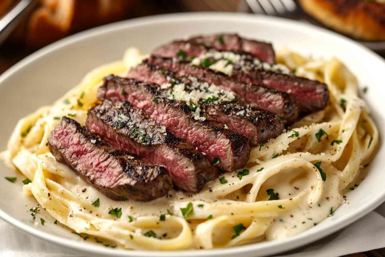 Plate of steak pasta with tender slices of seared steak served on creamy fettuccine Alfredo, garnished with parsley and Parmesan cheese.