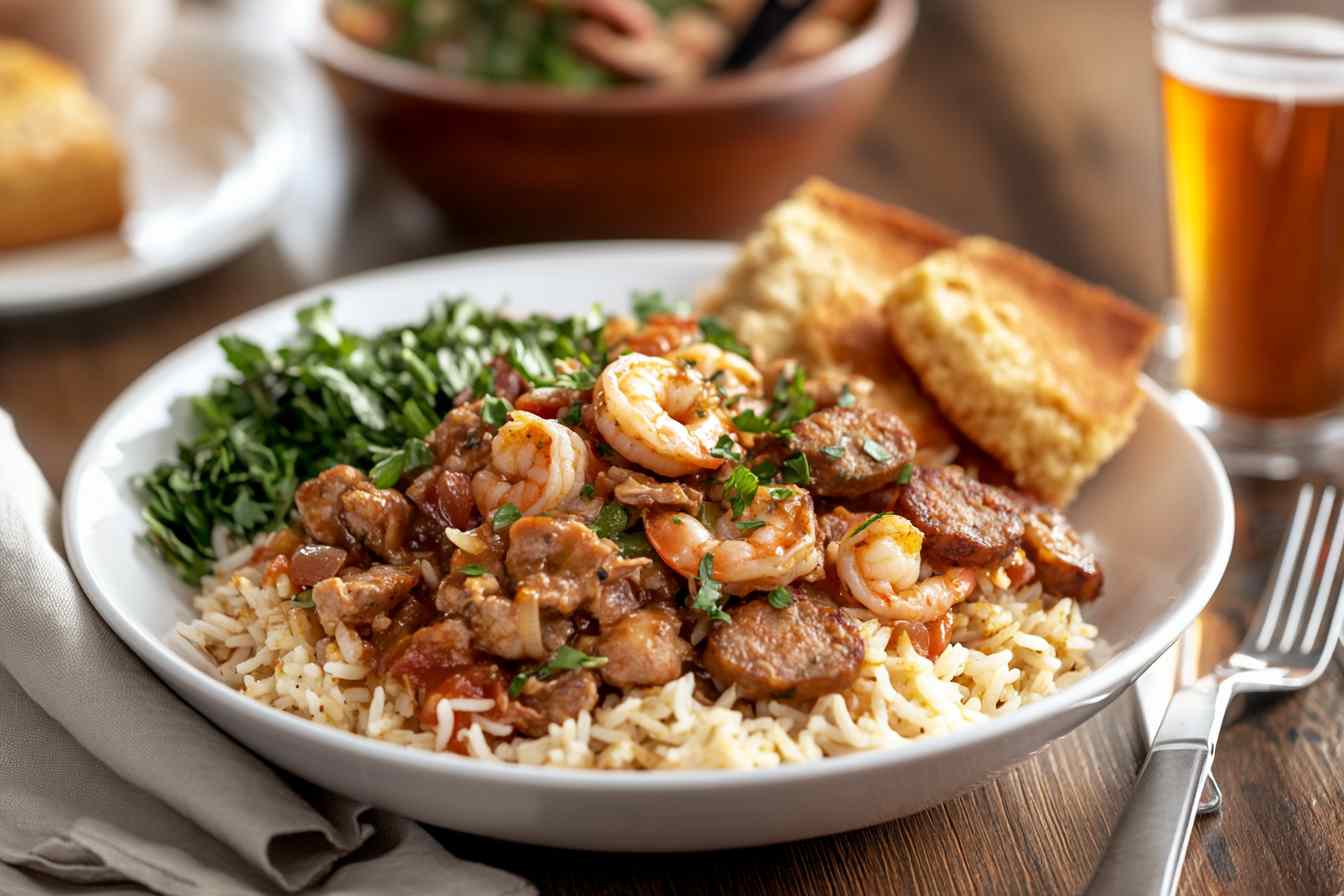 A beautifully plated jambalaya dish featuring rice, shrimp, sausage, and chicken, garnished with parsley. Served with collard greens and cornbread.