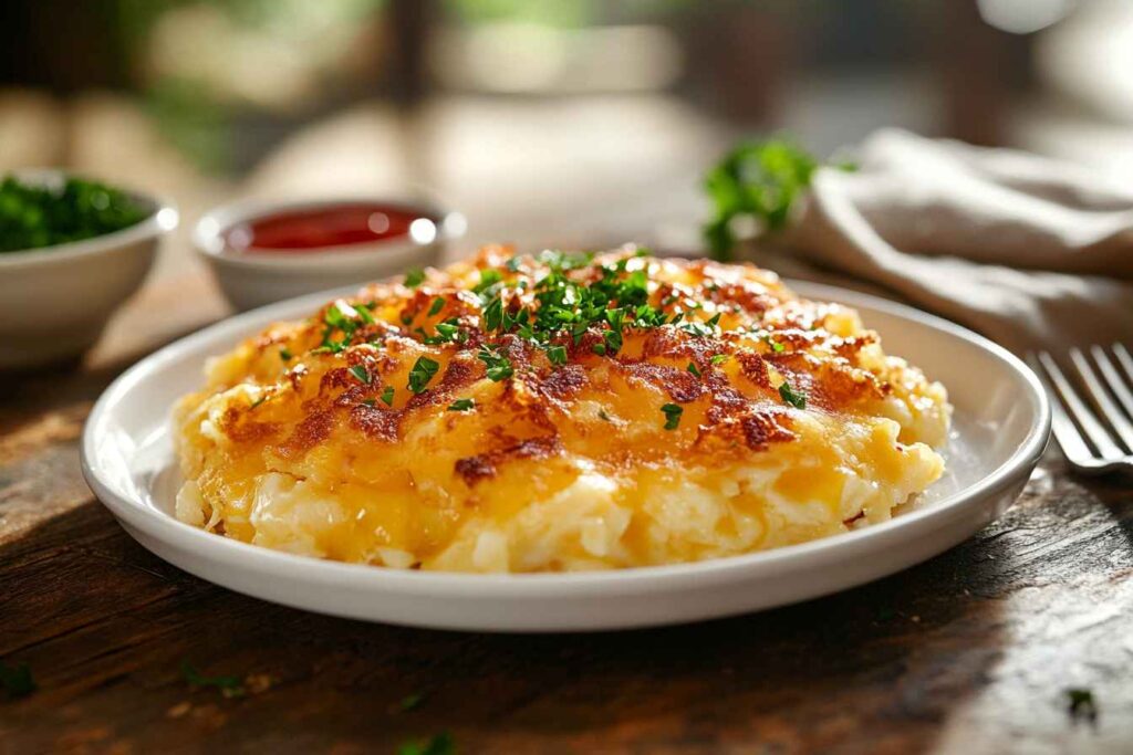 A plate of golden, crispy cheesy hash browns topped with fresh parsley, served on a white ceramic plate. Small bowls of ketchup and parsley are visible in the background, creating a cozy and inviting breakfast scene.