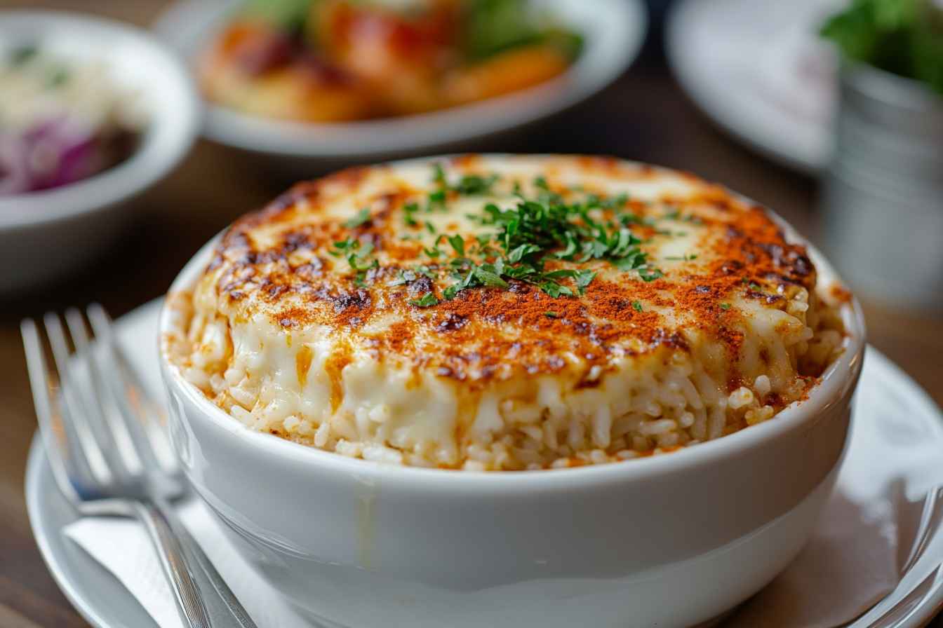 A bowl of cheesy rice topped with melted cheese, sprinkled with paprika and fresh parsley, served in a white ceramic bowl on a rustic table.