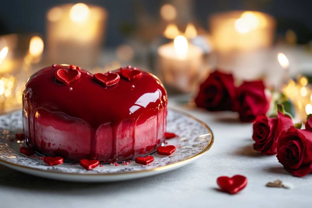 Heart-shaped cake with glossy red glaze, decorated with red fondant hearts, surrounded by roses and romantic candlelight on a ceramic plate.