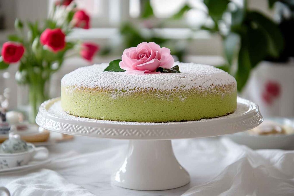 A beautifully finished Princess Cake on a white ceramic stand, covered in smooth green marzipan, topped with a delicate pink marzipan rose, and lightly dusted with powdered sugar.