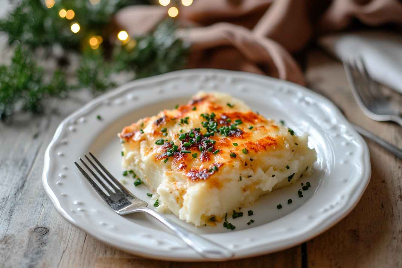 Cheesy mashed potatoes garnished with chives and served on a white ceramic plate, perfect for a cozy and comforting meal.