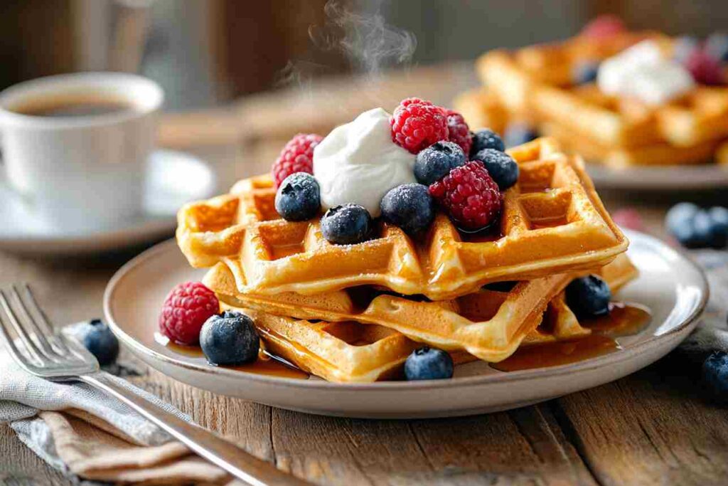 A stack of golden-brown waffles drizzled with maple syrup, topped with fresh berries and whipped cream—perfect for a Classic waffle recipe.