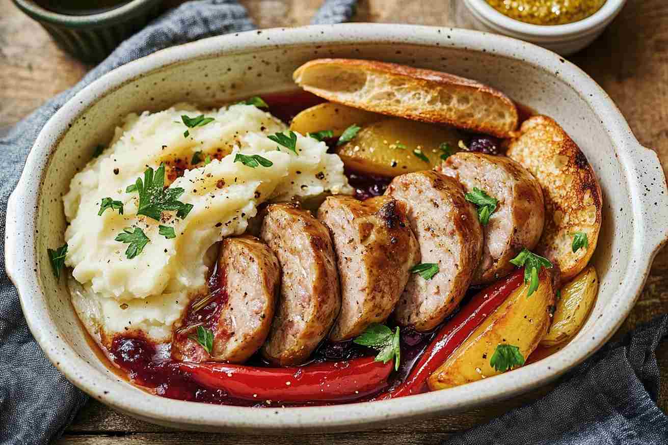 A hearty plate of potato sausage, sliced and served with creamy mashed potatoes, roasted vegetables, lingonberry sauce, and toasted bread, garnished with fresh parsley. What do you eat with potato sausage?