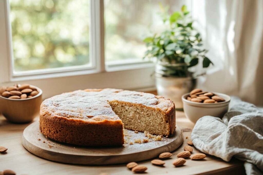 Freshly baked almond flour muffins on a wire rack, with one cut open to reveal its soft texture—showcasing the results of baking with almond flour.