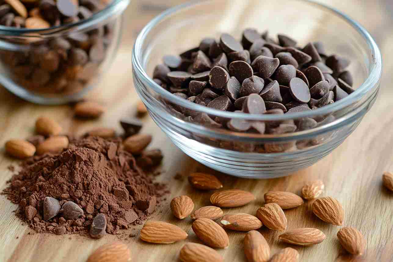 A bowl of the best Amaretto baking chips on a wooden countertop, surrounded by almonds and cocoa powder, perfect for adding rich almond flavor to baked goods.