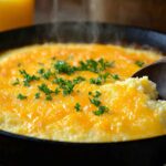 Freshly baked Breakfast Grits Casserole with a golden, cheesy crust, served hot in a cast-iron skillet, perfect for a Southern-style breakfast