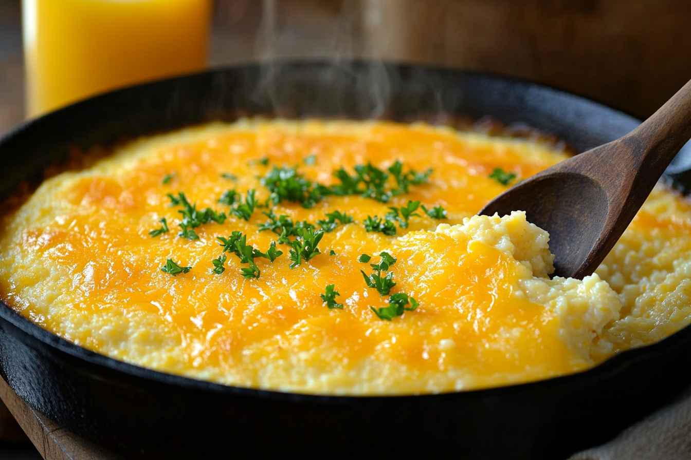 Freshly baked Breakfast Grits Casserole with a golden, cheesy crust, served hot in a cast-iron skillet, perfect for a Southern-style breakfast