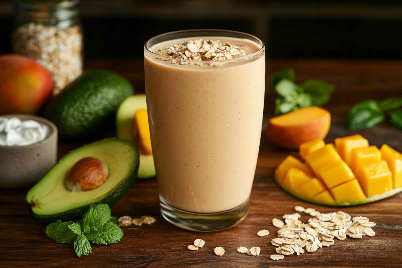 A thick, creamy smoothie made without bananas, featuring healthy banana substitutes for smoothies like avocado, mango, and Greek yogurt.