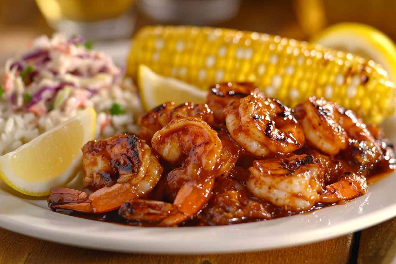 A plate of barbecue shrimp coated in a rich, smoky sauce, served with grilled corn, coleslaw, and lemon wedges.