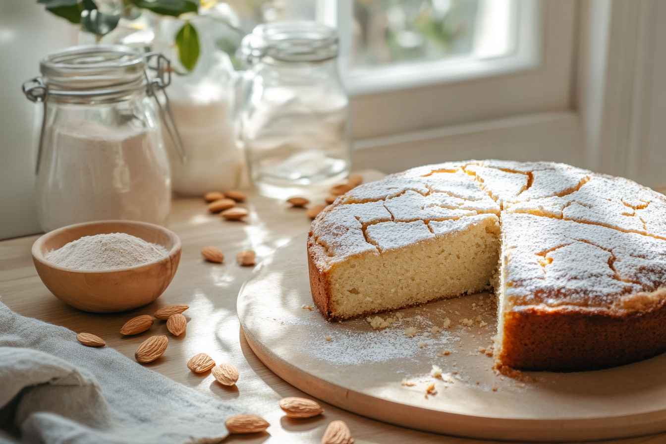 A freshly baked almond flour cake with a slice cut out, sitting on a wooden countertop with a bowl of almond flour beside it, perfect for baking with almond flour.