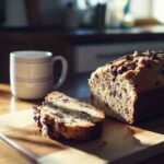 A homemade banana bread recipe with a moist texture, sliced on a wooden kitchen table.