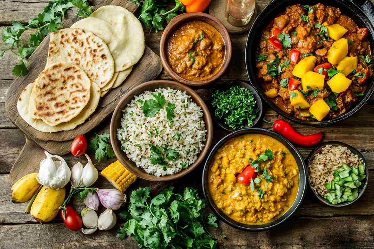 Traditional Guyanese food, including pepperpot, cook-up rice, roti, and fried plantains, displayed on a rustic wooden table.