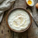 A bowl of creamy yogurt next to a cracked egg and a measuring spoon on a rustic wooden countertop, illustrating the perfect egg to yogurt conversion for baking.