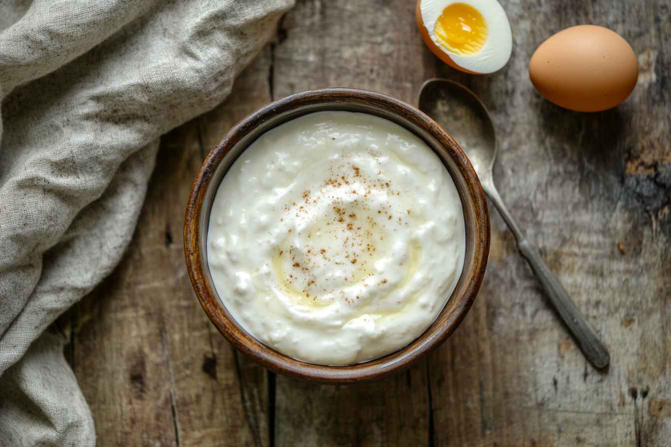 A bowl of creamy yogurt next to a cracked egg and a measuring spoon on a rustic wooden countertop, illustrating the perfect egg to yogurt conversion for baking.