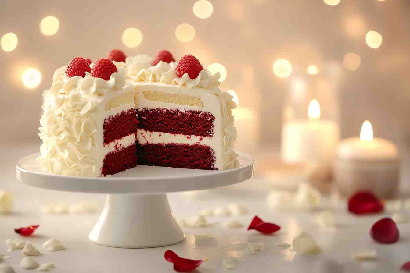 A beautifully decorated Red Velvet Love Cake with cream cheese frosting, white chocolate shavings, and fresh raspberries on a white cake stand.