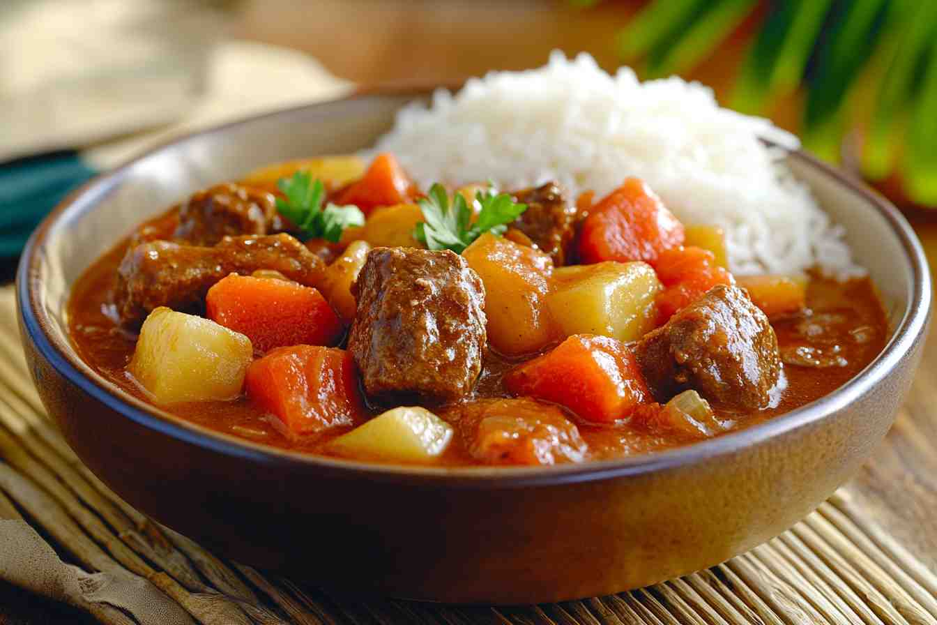 A hearty bowl of Hawaiian Beef Stew with tender beef, carrots, and potatoes in a rich tomato-based broth, served with rice.